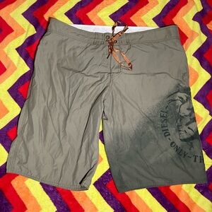 Diesel Vintage Beachwear Olive Green Graphics Logo Swim Trunks Shorts Size M 36